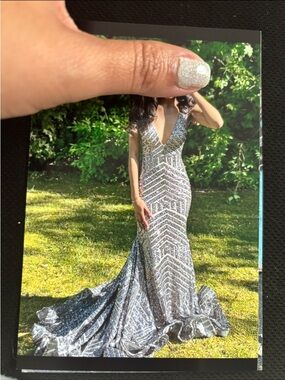 Jovani Silver Sequin Plunging V Prom Gown